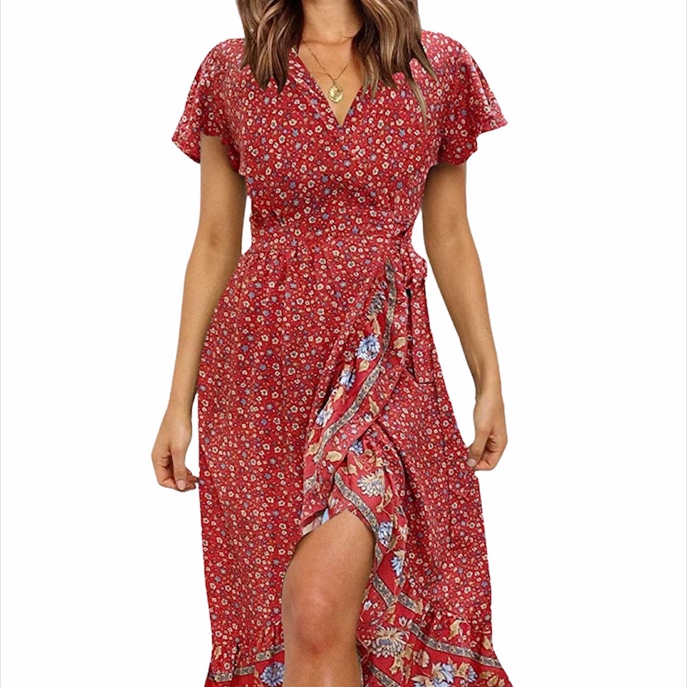 ZESICA NWT Boho Red Floral Wrap Dress